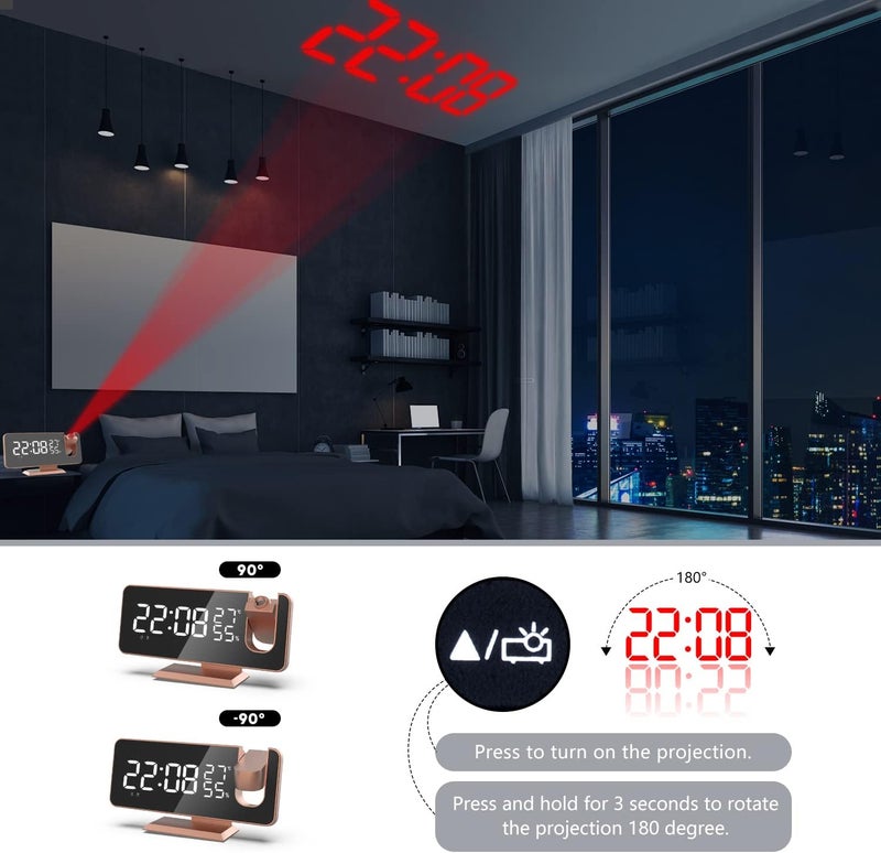 Mightree Projection Alarm Clock for Bedroom, Digital Alarm Clock with USB Charger, 7.4" Large LED Mirror Display Radio Alarm Clock, Dual Smart Alarm with Projection on Ceiling, Rose Gold - Image 5